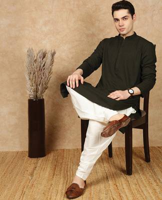 Green jaquard floral kurta for men 5