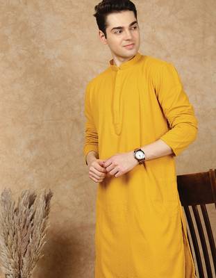 Mustard jaquard floral kurta for men 2
