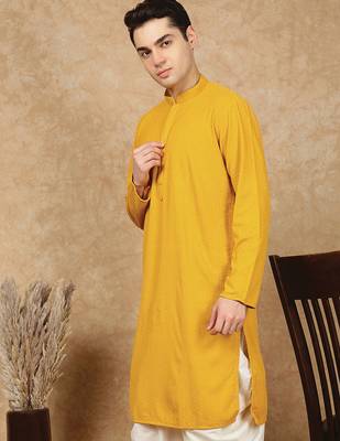 Mustard jaquard floral kurta for men 3