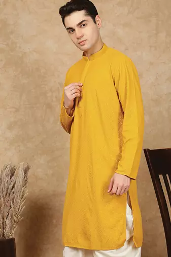 Mustard jaquard floral kurta for men