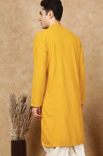 Mustard jaquard floral kurta for men