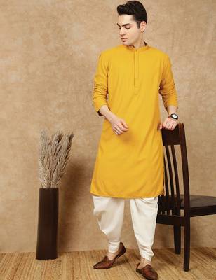Mustard jaquard floral kurta for men 5