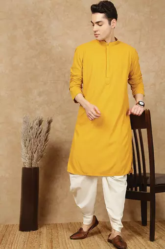Mustard jaquard floral kurta for men