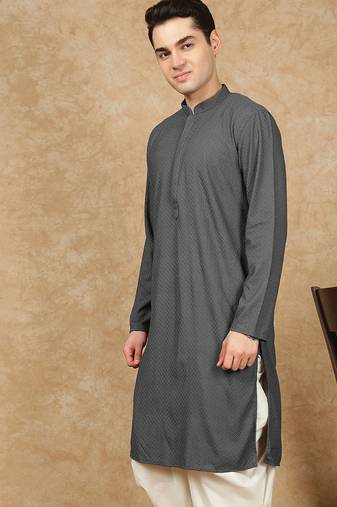 Grey cotton blend solid kurta for men