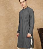 Grey cotton blend solid kurta for men