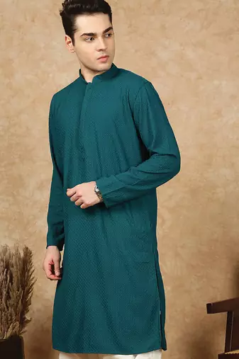Firozi cotton blend solid kurta for men