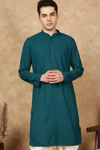Firozi cotton blend solid kurta for men