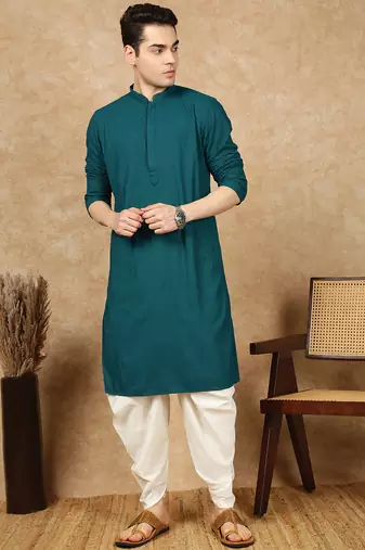 Firozi cotton blend solid kurta for men