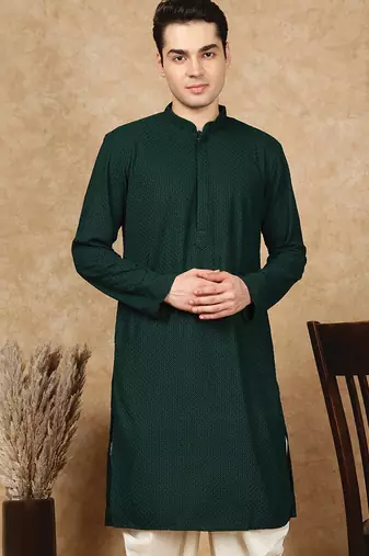 Green cotton blend solid kurta for men