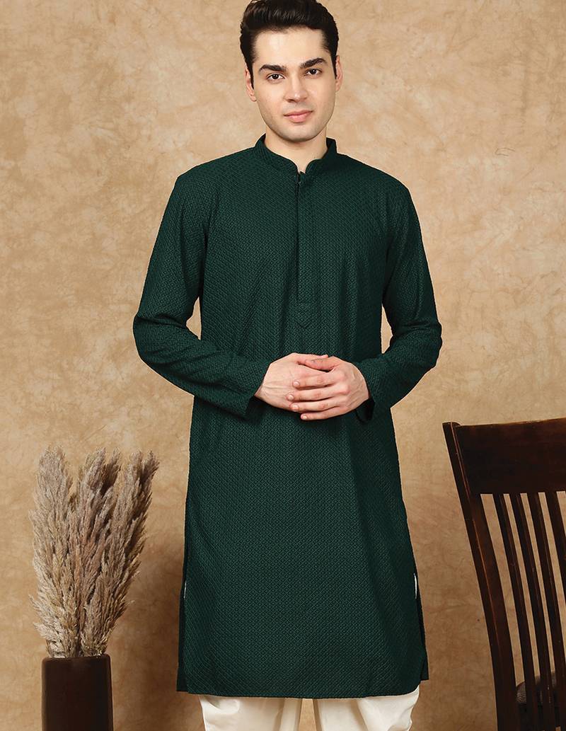 Green cotton blend solid kurta for men