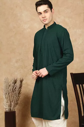 Green cotton blend solid kurta for men