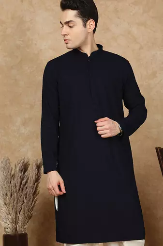 Blue cotton blend solid kurta for men