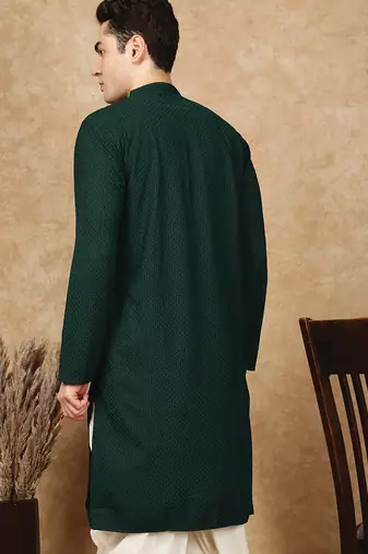 Green cotton blend solid kurta for men