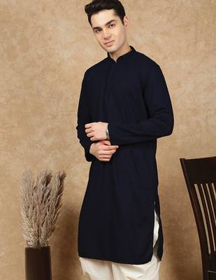Blue cotton blend solid kurta for men 3