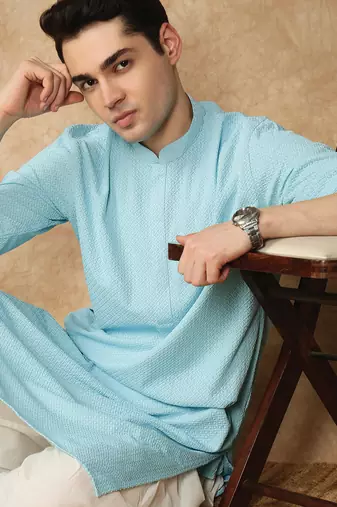 Green cotton blend solid kurta for men