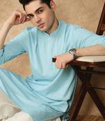 Blue cotton blend solid kurta for men