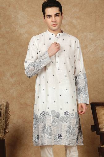 Off white cotton solid kurta for men