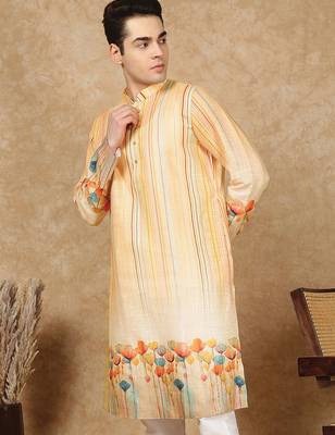 Yellow cotton solid kurta for men 2