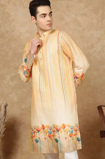 Yellow cotton solid kurta for men