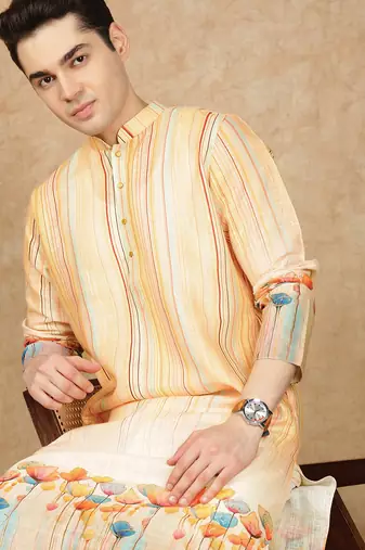 Yellow cotton solid kurta for men