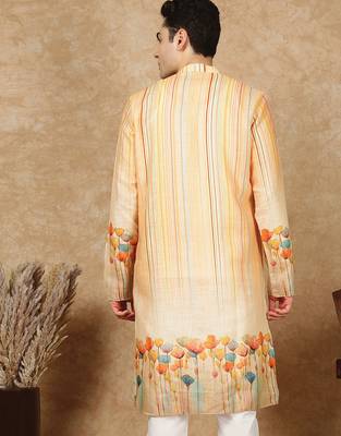 Yellow cotton solid kurta for men 4