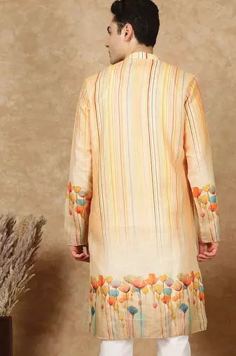 Yellow cotton solid kurta for men