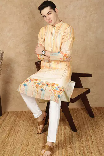 Yellow cotton solid kurta for men