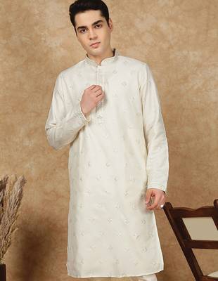 Cream cotton printed kurta for men 1