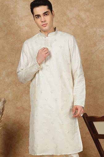 Cream cotton printed kurta for men