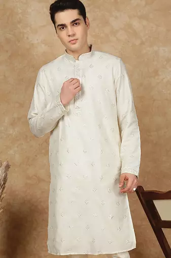 Cream cotton printed kurta for men