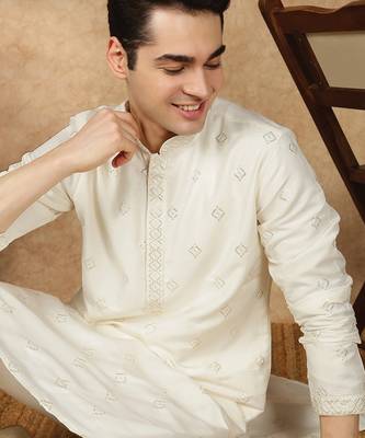 Cream cotton printed kurta for men 2