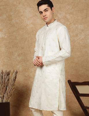 Cream cotton printed kurta for men 3