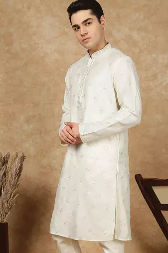 Cream cotton printed kurta for men