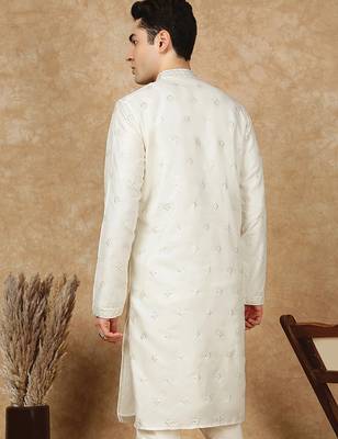 Cream cotton printed kurta for men 4