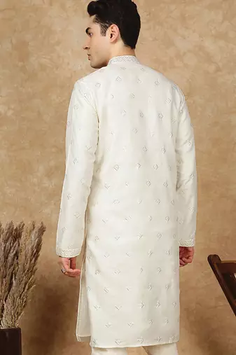 Cream cotton printed kurta for men