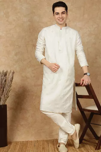 Cream cotton printed kurta for men