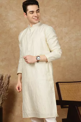 Off white cotton printed kurta for men