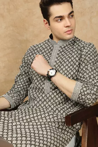 Green cotton floral kurta for men