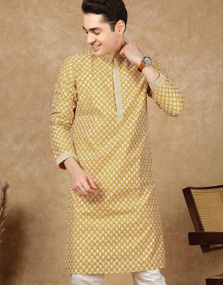 Yellow cotton floral kurta for men 1