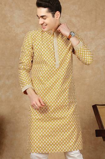 Yellow cotton floral kurta for men