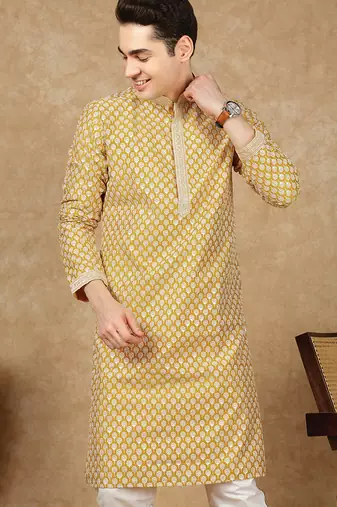 Yellow cotton floral kurta for men