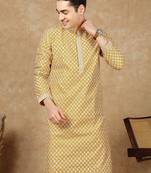 Yellow cotton floral kurta for men