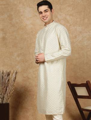 Off white cotton embroidered kurta for men 1