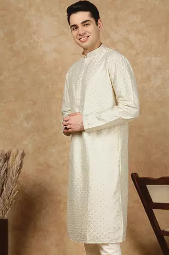 Off white cotton embroidered kurta for men
