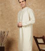 Off white cotton embroidered kurta for men