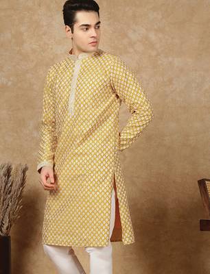 Yellow cotton floral kurta for men 2