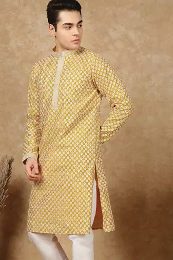 Yellow cotton floral kurta for men
