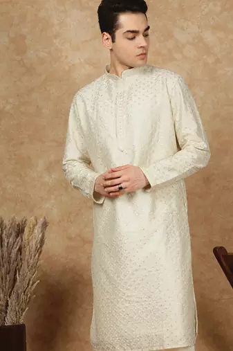 Off white cotton embroidered kurta for men