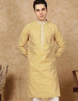 Yellow cotton floral kurta for men 3