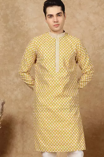 Yellow cotton floral kurta for men